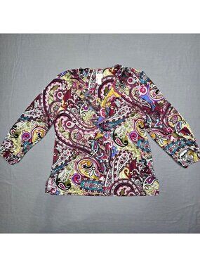 Chicos Size 2 Large Peasant Blouse Paisley Long Sleeve Top Ruffle Front